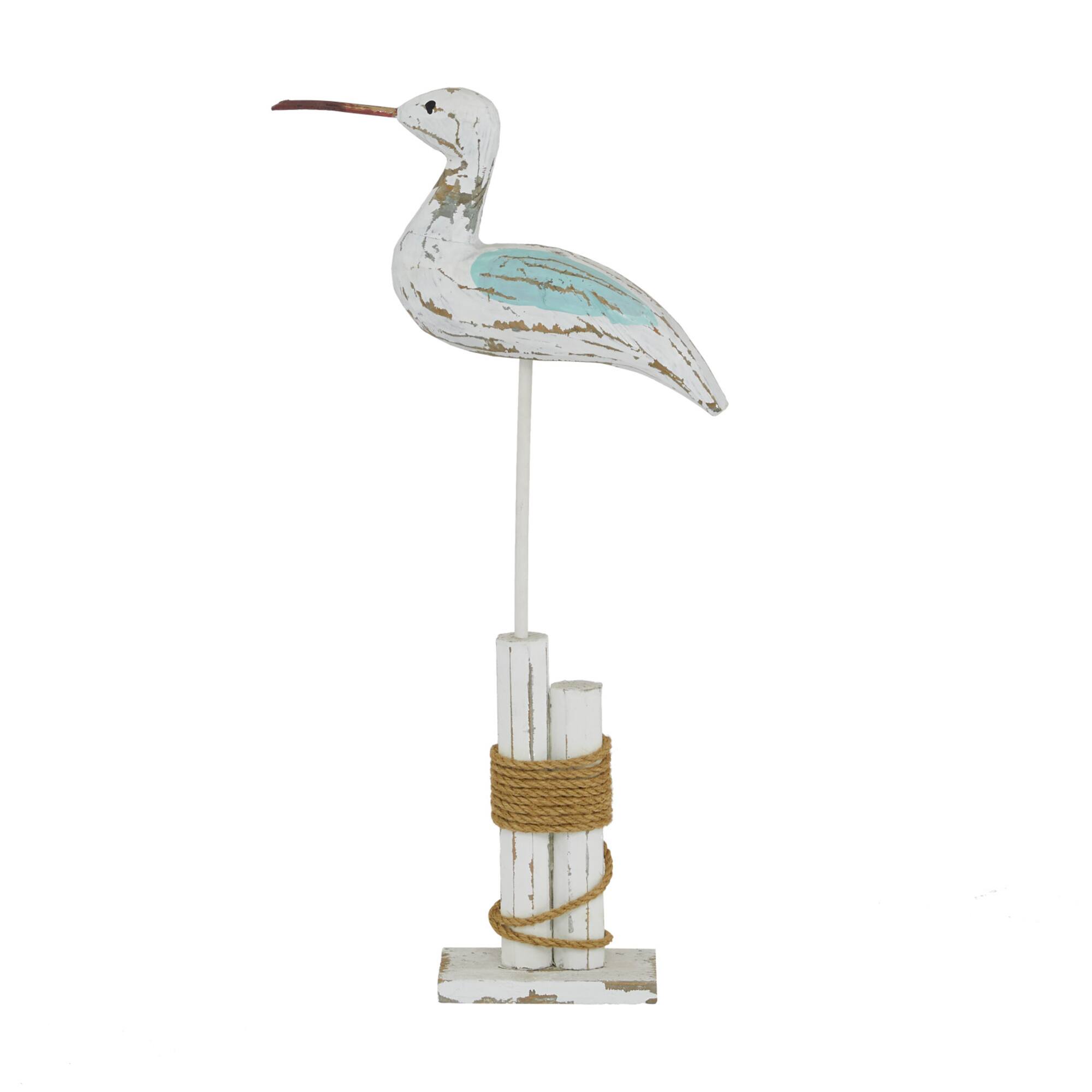 Coastal White Wood and Jute Seabird Sculpture, 21" x 12" x 3"